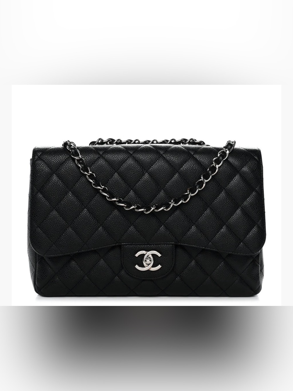 CHANEL Jumbo Double Flap Black Quilted Caviar Bag with Silver Hardware